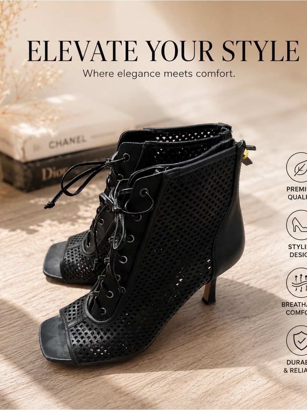 Vince Camuto Black Perforated Lace-Up Peep-Toe Heels